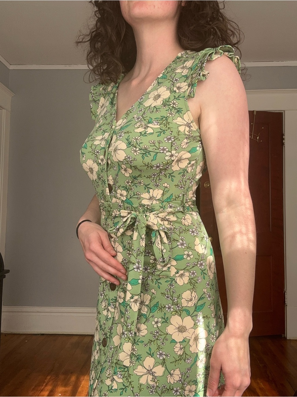 Monteau Green Floral Tie-Waist Midi Dress